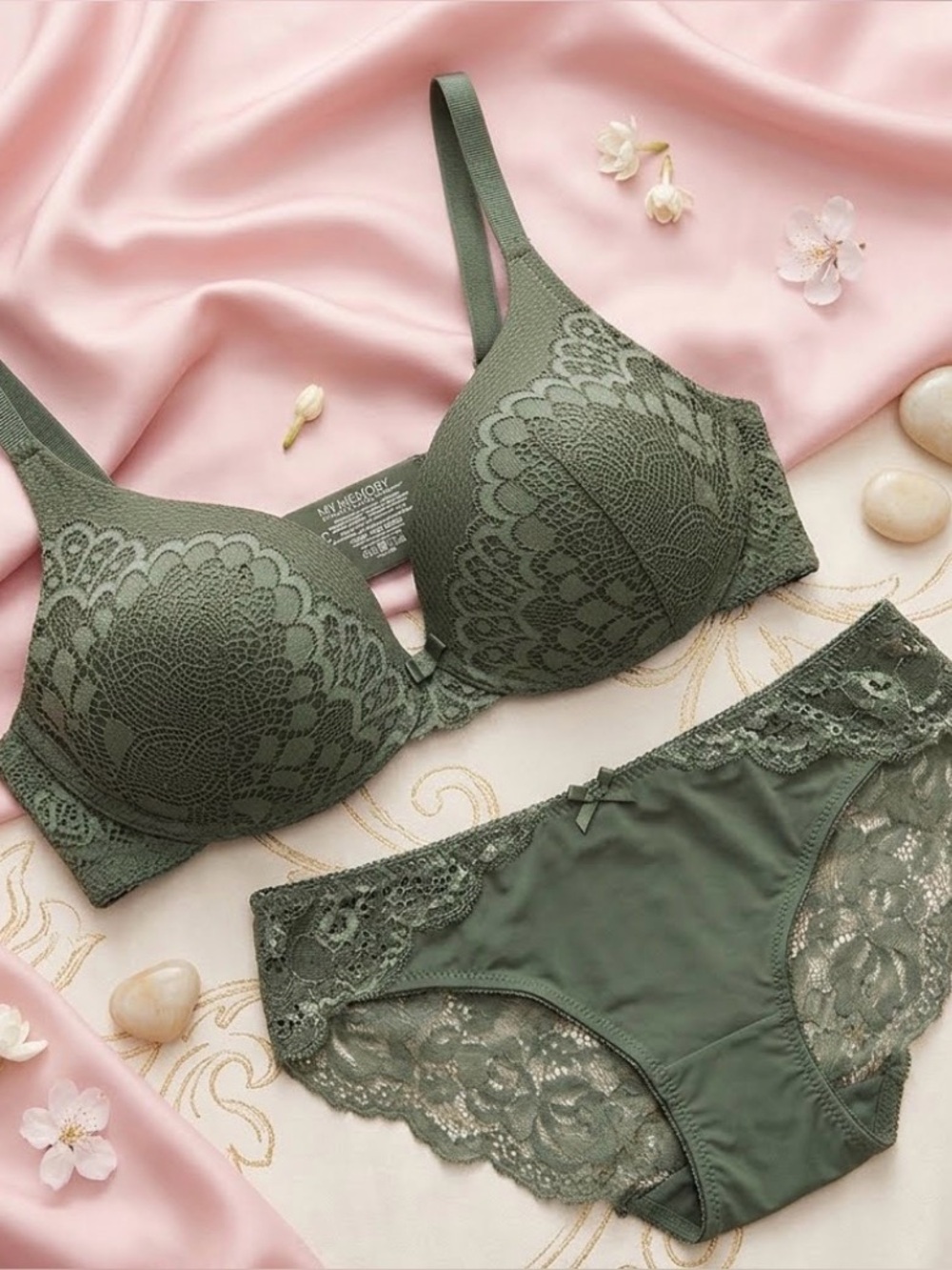 Green Lace Balconette Bra with Floral Detailing